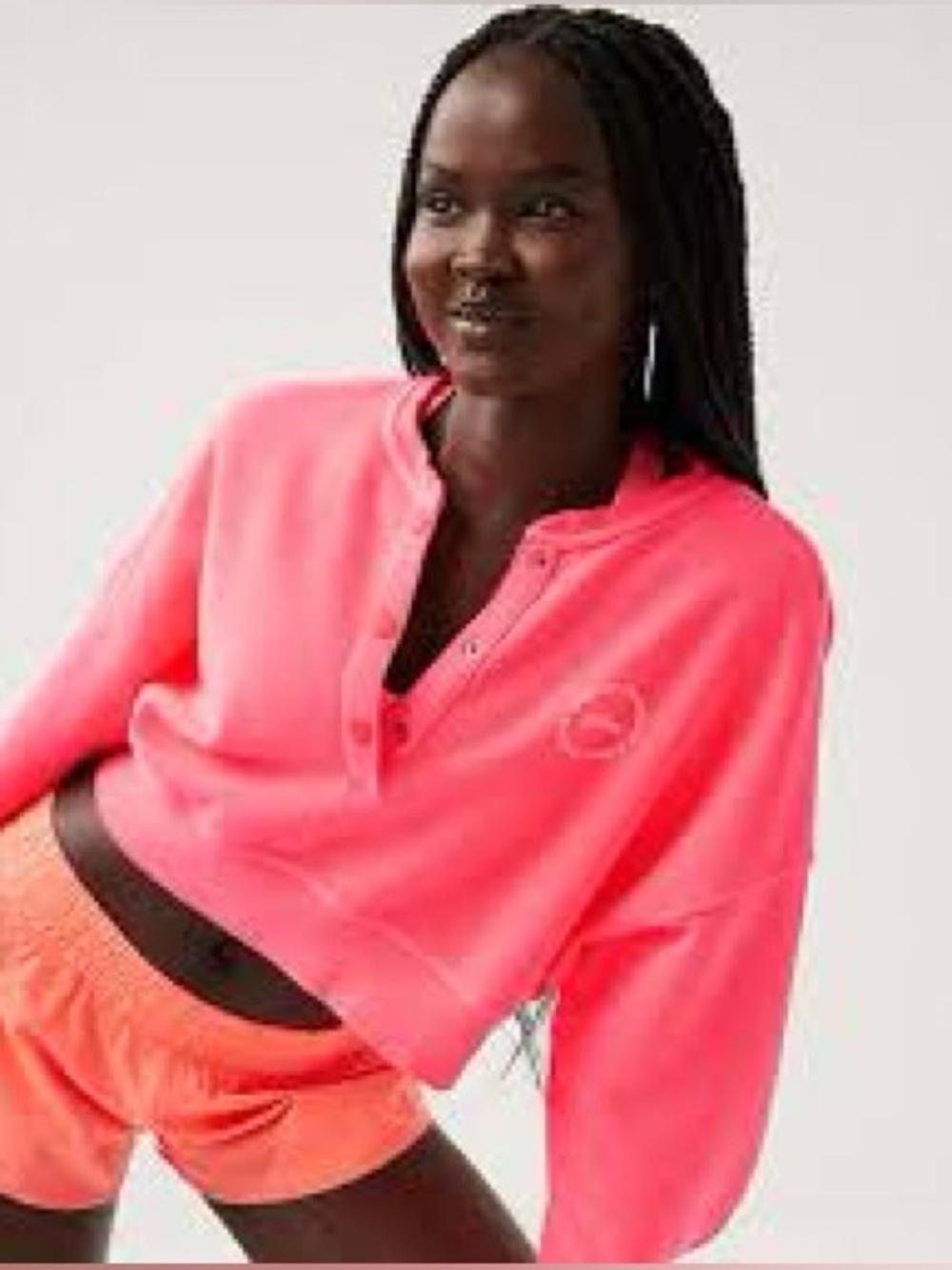 Offline by Aerie Cropped Button Up Sweatshirt Coral Pink XSmall